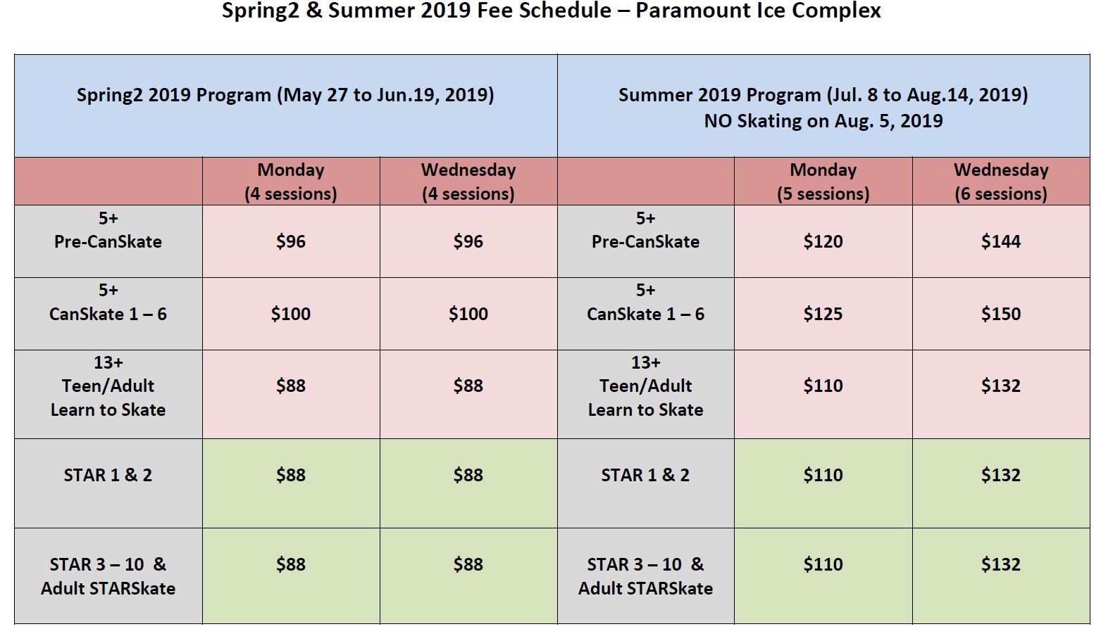 Spring2-Summer Fee Schedule